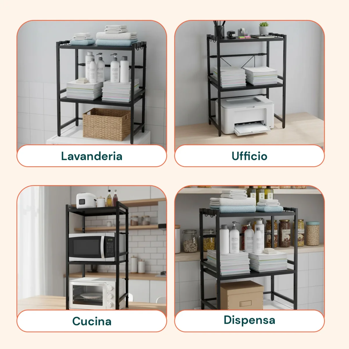 Scaffale da Cucina Espandibile a 3 Ripiani in Metallo e Legno con 6 Ganci Inclusi - immagine 9
