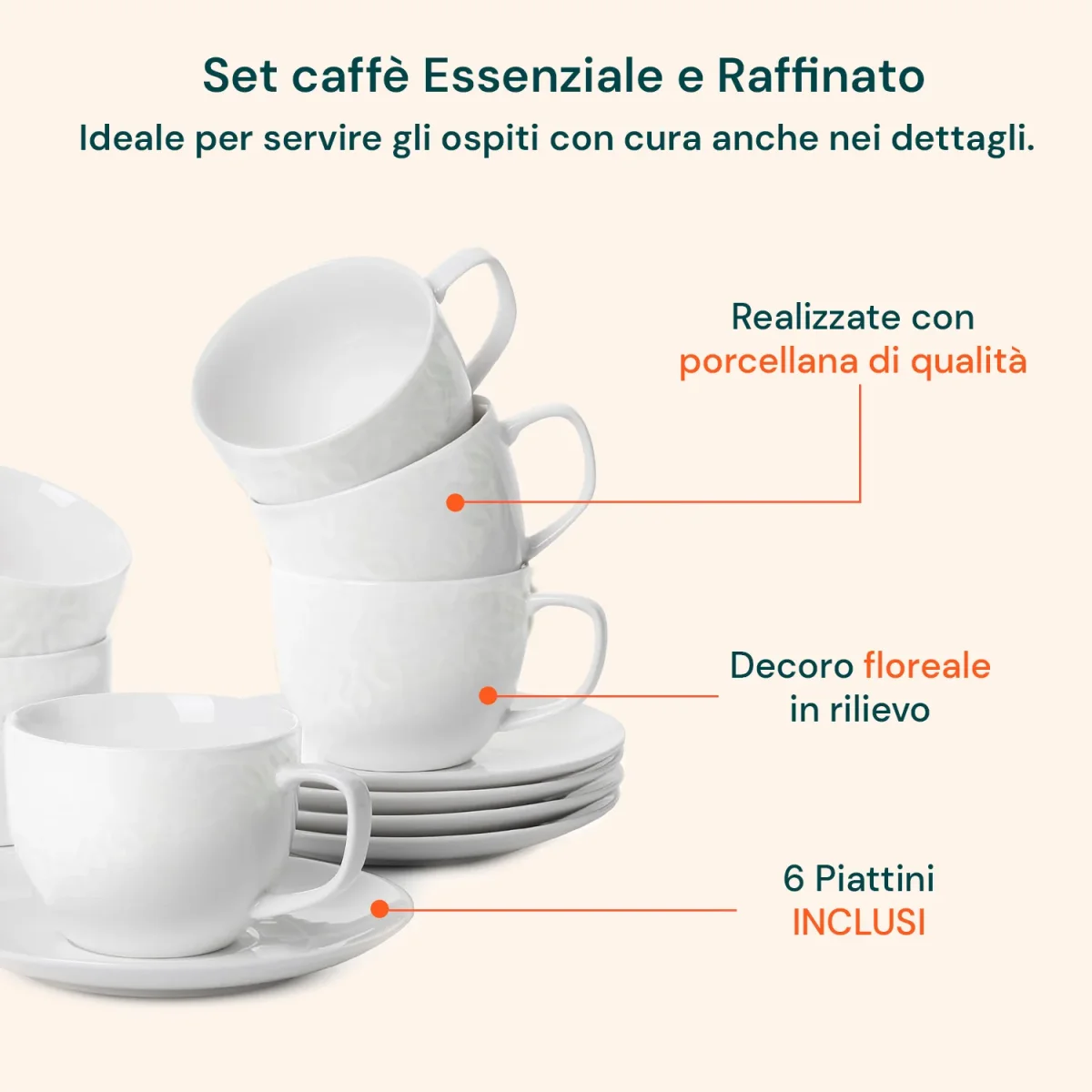 Set 6 Tazzine Caffè In Porcellana 80cc Con Piattino - Decoro Floreale In Rilievo - immagine 5