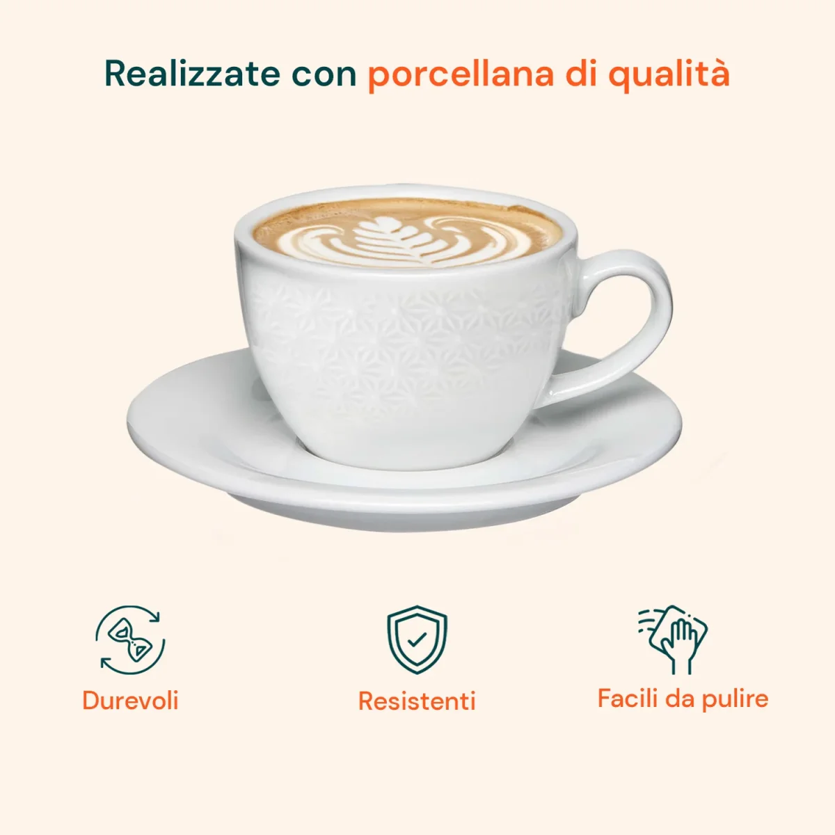 Set 6 Tazzine Caffè In Porcellana 80cc Con Piattino - Decoro Floreale In Rilievo - immagine 3